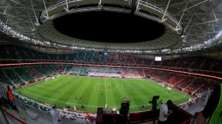 A general view of the Al Thumama Stadium is seen during official inauguration ceremony in Doha, Qatar, Friday, Oct. 22, 2021.