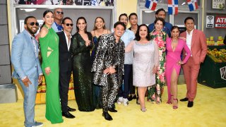 Noah Catala, left, Melissa Barrera, Christopher Jackson, Marc Anthony, Dascha Polanco, Leslie Grace, Anthony Ramos, Lin-Manuel Miranda, Gregory Diaz IV, Olga Merediz, Quiara Alegría Hudes, Jimmy Smits, Daphne Rubin-Vega, Jon M. Chu pose together at the 2021 Tribeca Film Festival opening night premiere of "In The Heights" at the United Palace theater on Wednesday, June 9, 2021, in New York.