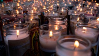 View of candles placed outside the cathedral in honor of the Virgin of Guadalupe in downtown Tijuana, Mexico.