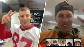 Rob Gronkowski and Tom Brady greet the team on video.