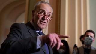 Senate Majority Leader Chuck Schumer, D-N.Y., speaks to reporters after a Democratic policy meeting at the Capitol in Washington, Tuesday, Nov. 2, 2021.