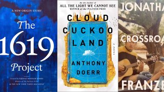 This combination of cover images shows some of 2021's most popular releases, from left, "The 1619 Project: A New Origin Story" by Nikole Hannah-Jones, "Cloud Cuckoo Land" by Anthony Doerr, "Crossroads," a novel by Jonathan Franzen