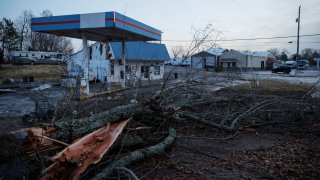 General view of tornado damaged businesses on December 11, 2021 in Mayfield, Kentucky