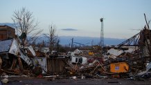 Heavy damage is seen downtown after a tornado swept through the area on December 11, 2021 in Mayfield, Kentucky