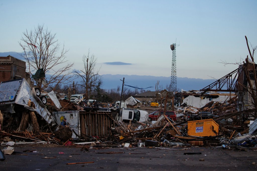 Heavy damage is seen downtown after a tornado swept through the area on December 11, 2021 in Mayfield, Kentucky