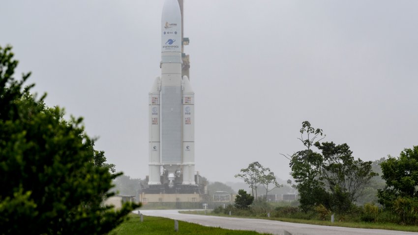 In this file photo provided by the U.S. (NASA), Arianespace’s Ariane 5 rocket with NASAs James Webb Space Telescope onboard, is rolled out to the launch pad on December 23, 2021, at Europes Spaceport, the Guiana Space Center in Kourou, French Guiana.