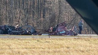 State police closed I-84 East in Farmington Wednesday after they say a car crossed the median and hit a passenger bus head-on.