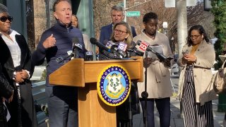 Gov. Ned Lamont outside Claire’s Corner Copia in New Haven