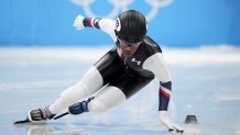 Maame Biney of the United States, races in the mixed relay during the short track speedskating competition