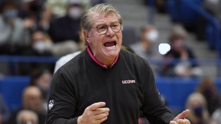 Connecticut head coach Geno Auriemma reacts in the first half of an NCAA college basketball game against Villanova, Wednesday, Feb. 9, 2022, in Hartford, Connecticut.