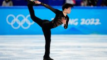 Yuma Kagiyama, of Japan, competes in the men's team free skate program during the figure skating competition at the 2022 Winter Olympics, Sunday, Feb. 6, 2022, in Beijing.