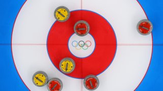 A view of curling stones on the sheet at the National Aquatics Centre on January 30, 2022 in Beijing, China