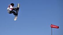 The United State's Julia Marino competes in the snowboard women's slopestyle qualification run during the Beijing 2022 Winter Olympic Games at the Genting Snow Park H & S Stadium in Zhangjiakou on February 5, 2022.