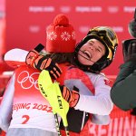 Petra Vlhova of Team Slovakia wins the gold medal, Katharina Liensberger of team Austria wins the silver medal during the Women's Slalom at the 2022 Winter Olympics on Feb. 9, 2022 ,in Yanqing, China.
