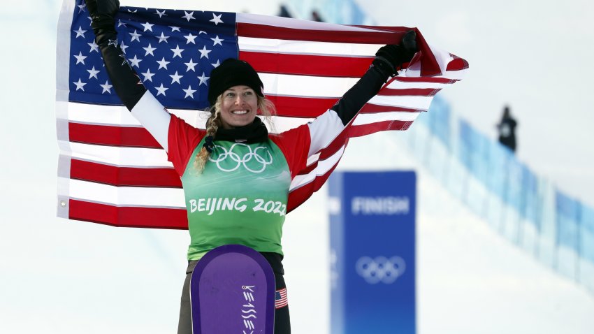 BEIJING, CHINA – FEBRUARY 9 : Lindsey Jacobellis of Team United States wins the gold medal during the Olympic Games 2022,  Women’s Snowboard Cross on February 9, 2022 in Zhangjiakou China. (Photo by Christophe Pallot/Agence Zoom/Getty Images)
