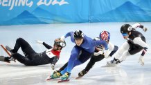 From left: Itzhak de Laat of the Netherlands, Abzal Azhgaliyev of Kazakhstan, Daeheon Hwang of South Korea, and Ryan Pivirotto of the USA compete in a men's 500m short track speed skating heat at the 2022 Winter Olympic Games, Feb. 10, 2022. Pivirotto, who took third during his heat, will advance to the quarterfinals.