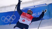 USA's David Wise reacts as he competes in the Men's Freeski Halfpipe final run on day 15 during the 2022 Winter Olympics at the Genting Snow Park H & S Stadium in Zhangjiakou, China on Feb. 19, 2022.