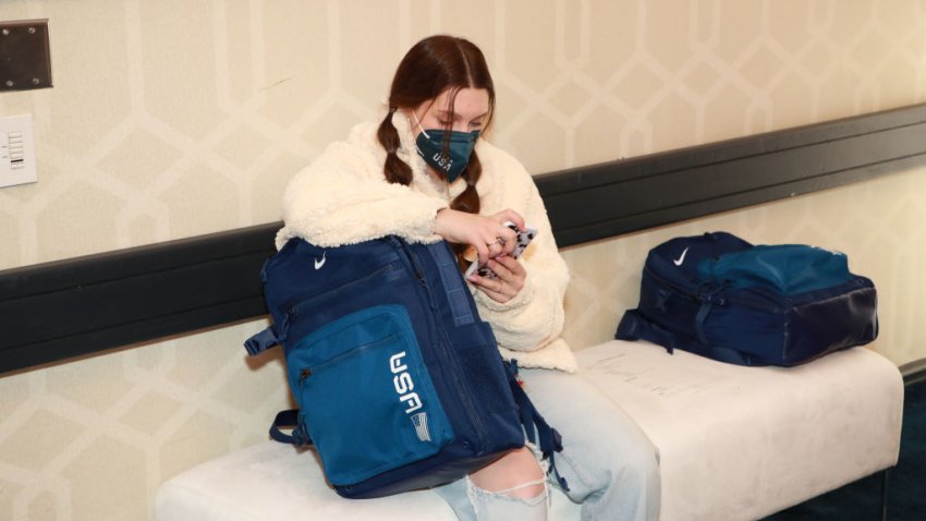 U.S. Olympian Tessa Maud tries on clothes for Nike at Team USA athlete processing ahead of Beijing 2022 on January 29, 2022 in Los Angeles, California.