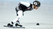 Andrew Heo of Team United States competes during the Men's 1000m heat at Capital Indoor Stadium, Feb. 5, 2022, in Beijing, China. Heo secured a spot at the quarterfinals with his second place finish.