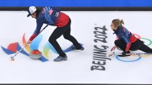 Christopher Plys and Victoria Persinger of Team USA compete against Team Czech Republic during the Curling Mixed Doubles Round Robin on day two of the 2022 Winter Olympics at National Aquatics Centre on Feb. 6, 2022, in Beijing, China. Team USA lost 10-8.