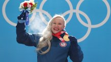 Gold medallist Kaillie Humphries of Team United States poses during the Women's Monobob medal ceremony on day 10 of 2022 Winter Olympics at National Sliding Centre on Feb. 14, 2022, in Yanqing, China.