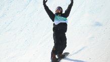 Yiming Su of Team China celebrates winning the gold medal during the Men's Snowboard Big Air final on day 11 of the Winter Olympics at Big Air Shougang on Feb. 15, 2022, in Beijing, China.