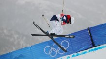 Aaron Blunck of Team United States competes during the second run of the Men's Freestyle Skiing Freeski Halfpipe qualifications at the 2022 Winter Olympics, Feb. 17, 2022 in Zhangjiakou, China. Blunck scored first in the qualifications.
