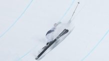Aaron Blunck of Team United States crashes on his third run during the Men's Freestyle Skiing Halfpipe Final at the 2022 Winter Olympics, Feb. 19, 2022, in Zhangjiakou, China.