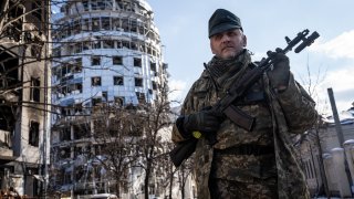 A view of damaged buildings and streets due to the ongoing Russian shelling and missile strikes in Kharkiv, Ukraine on March 13, 2022.