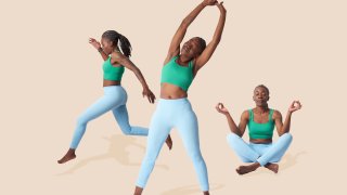 mature woman in studio running, stretching and meditating