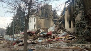 This image made available by Azov Battalion, shows the drama theater, damaged after shelling, in Mariupol, Ukraine, Thursday March 17, 2022.