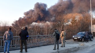 Smoke rises after an explosion in the western Ukrainian city of Lviv on March 18, 2022.