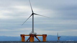 An offshore wind turbine photographed in waters off the coast of Japan on October 4, 2013.