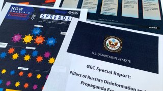 Pages from the U.S. State Department’s Global Engagement Center report released on Aug. 5, 2020, are seen in this photo.