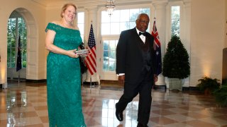 FILE - In this Sept. 20, 2019, file photo, Supreme Court Associate Justice Clarence Thomas, right, and wife Virginia "Ginni" Thomas arrive for a State Dinner with Australian Prime Minister Scott Morrison and President Donald Trump at the White House in Washington.