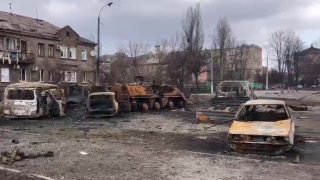 MARIUPOL, UKRAINE – MARCH 21: A screen grab captured from a video shows destroyed buildings and vehicles after Russian attacks in Mariupol, Ukraine on March 21, 2022. (Photo by AA/Anadolu Agency via Getty Images)