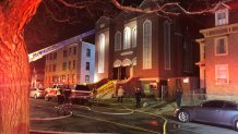 Crews battle a fire at Congregation Tephereth Israel in New Britain.