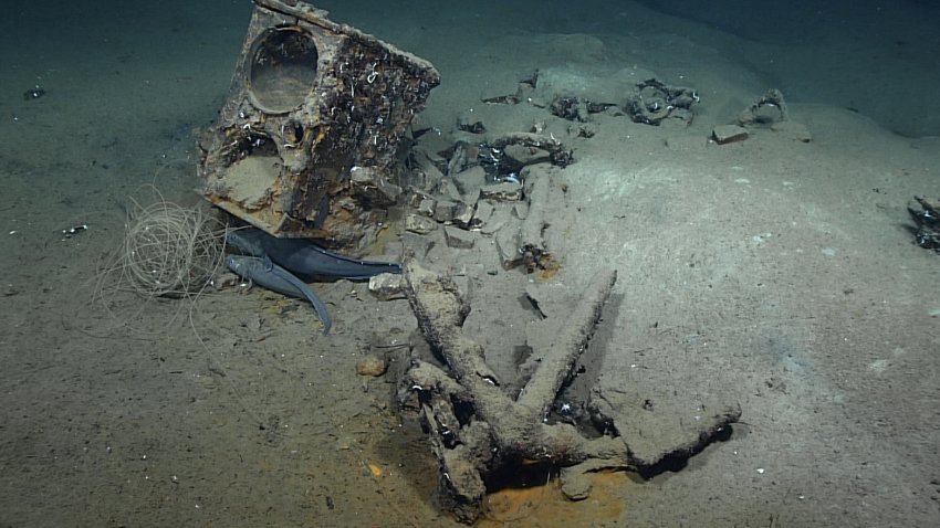 During Dive 02 of the 2022 ROV and Mapping shakedown, we explored the wreck of what is likely an 19th century whaler. Seen here are the remains of the ship’s tryworks, a furnace that was used to render whale blubber into oil, and an anchor, as well as two fish that resemble a species commonly associated with shipwrecks.