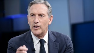 Former chairman and CEO of Starbucks, and United States 2020 presidential candidate Howard Schultz visits Fox & Friends at Fox News Channel Studios on April 2, 2019 in New York City.