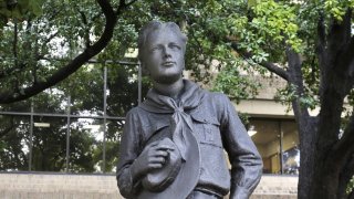 In this Feb. 12, 2020, file photo, a statue stands outside the Boy Scouts of America headquarters in Irving, Texas.