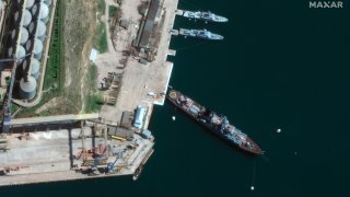 This satellite image provided by Maxar Technologies shows cruiser Moskva in port Sevastopol in Crimea on April 7, 2022.