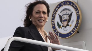 Vice President Kamala Harris boards Air Force Two after receiving a briefing at the Combined Space Operations Center at Vandenberg Space Force Base, California, April 18, 2022.