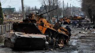 Destroyed military equipment of the Russian army in the city of Bucha.