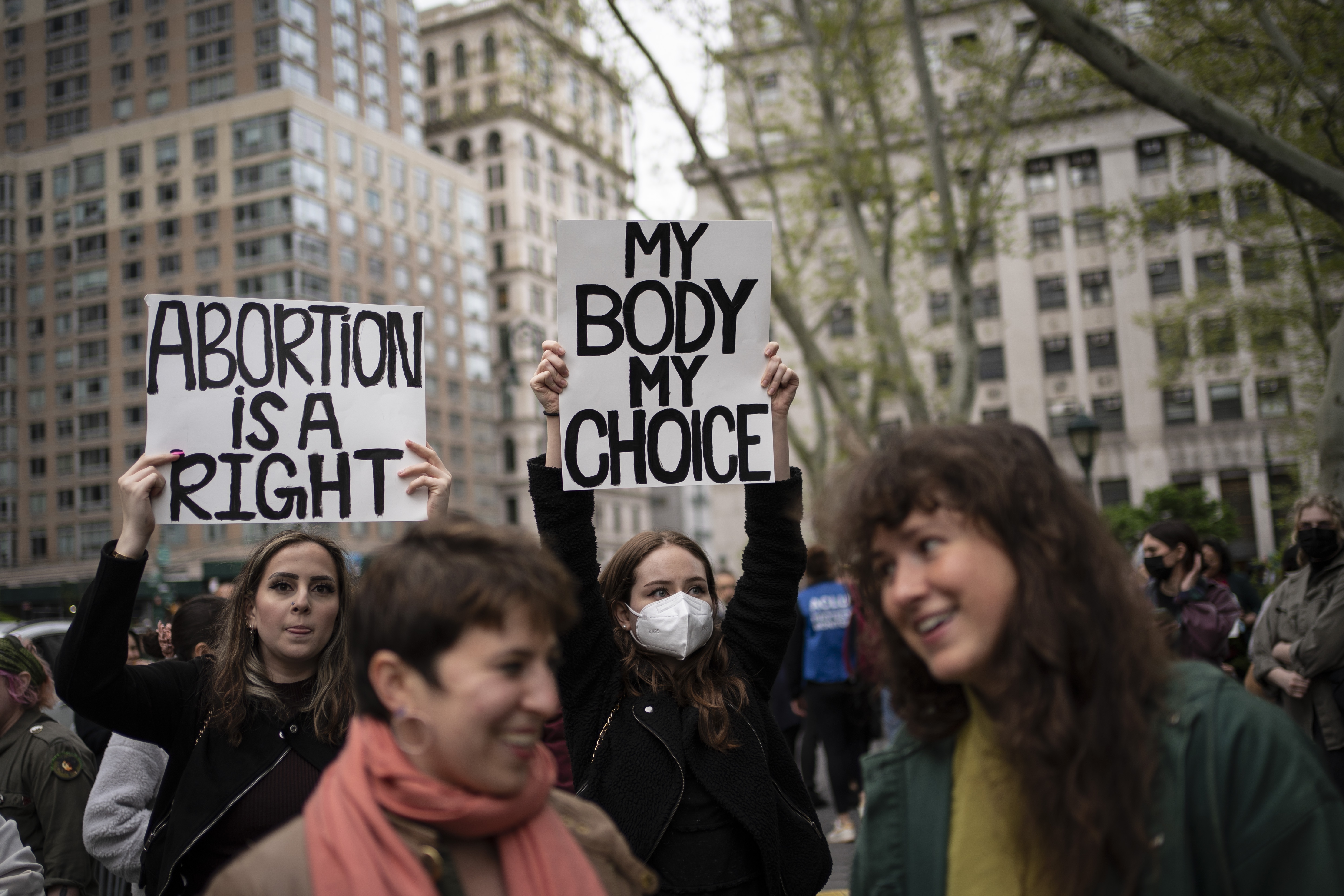 Demonstrators rally in support of abortion rights at a park in lower Manhattan, Tuesday, May 3, 2022, in New York.