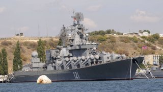 The Russian missile cruiser Moskva seen anchored in the Black Sea port of Sevastopol, Ukraine, Thursday, Sept. 11, 2008. The cruiser Moskva and two smaller missile boats were deployed to Georgia's shores during the war in August. Ukraine has responded to the war in Georgia by demanding that Russia notifies it in advance of the Black Sea Fleet ships movement.