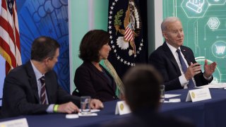 U.S. President Joe Biden (right), gina raimondo