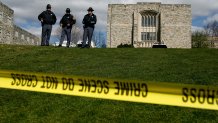 BLACKSBURG, VA - APRIL 17: Virginia State Police stand guard outside Norris Hall, where 31 people were shot and killed a day earlier on the campus of Virginia Tech, April 17, 2007 in Blacksburg, Virginia. According to police, the gunman responsible for the shootings that left a total of 33 people dead were carried out by Cho Seung-Hui, 23, a student and native of South Korea. (Photo by Chip Somodevilla/Getty Images)