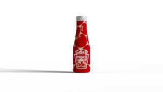 In this handout photo, shows a prototype of a Kraft Heinz Co. paper-less ketchup bottle.