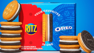 The hybrid product features one Oreo cookie and one Ritz cracker with a layer of peanut butter creme and Oreo creme sandwiched in between.