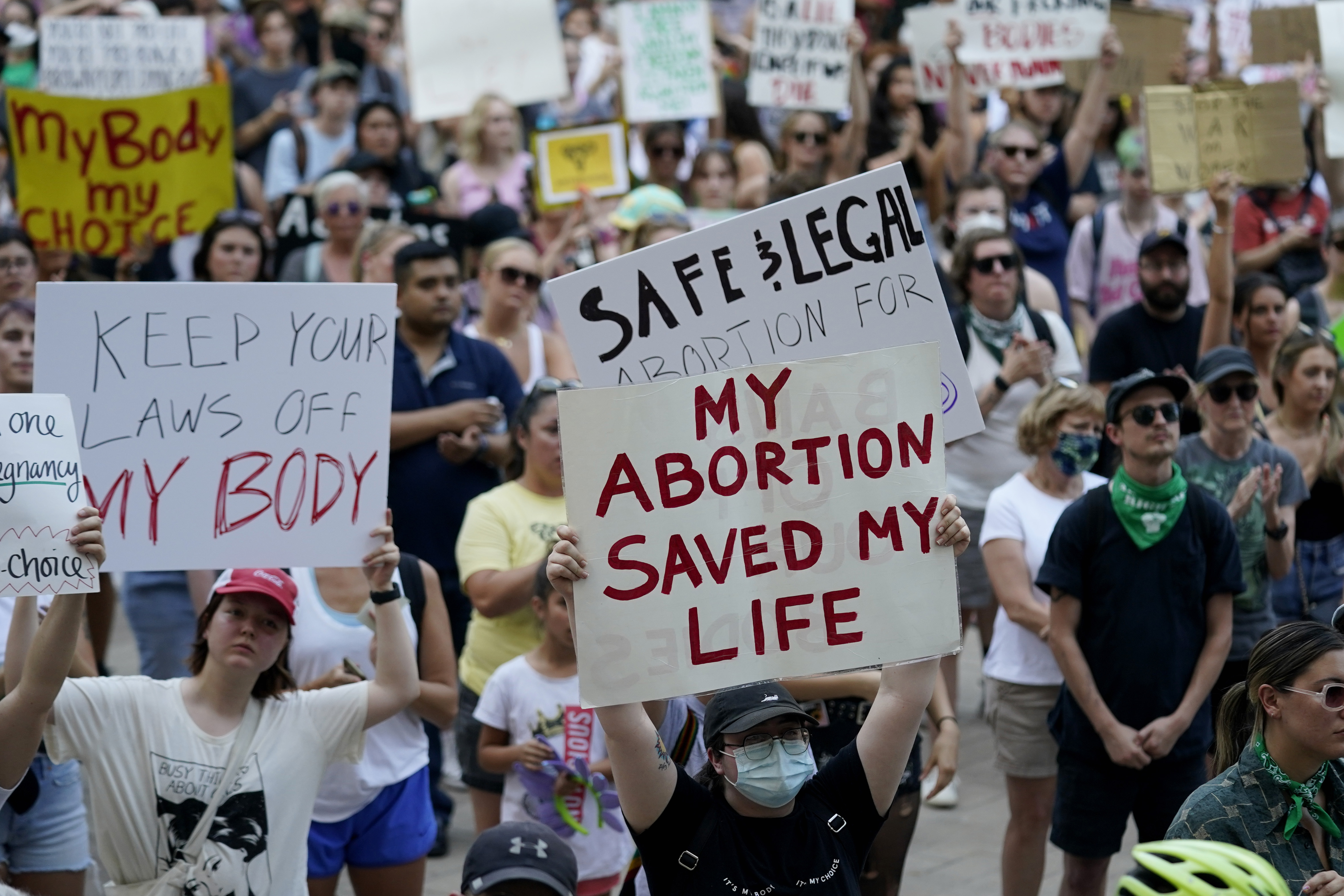 Demonstrators gather at the federal courthouse following the Supreme Court’s decision to overturn Roe v. Wade, Friday, June 24, 2022, in Austin, Texas.